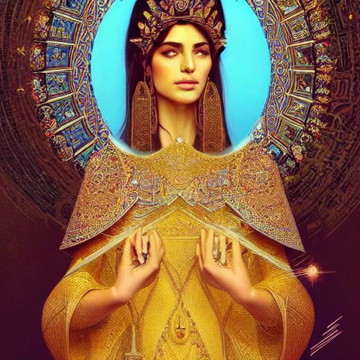 Image similar to Beautiful portrait of a Persian Princess who is an architect, beautiful princess, face painting, architecture, persian style architecture, dramatic lighting, intricate, wild, highly detailed, digital painting, artstation, concept art, smooth, sharp focus, illustration, gold+yellow+white+Turquoise, art by artgerm and greg rutkowski and alphonse mucha, footage from space camera