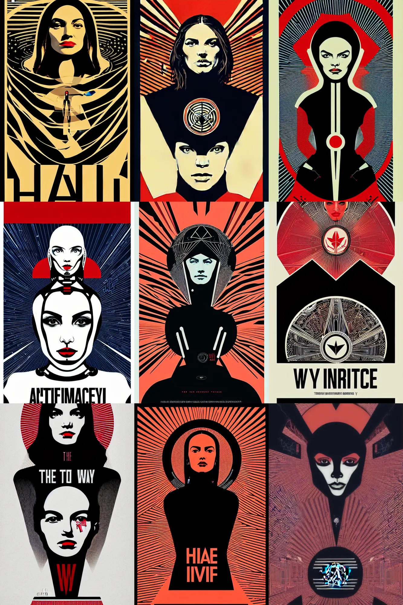 Prompt: the way to artificial inteligenece, by shepard fairey and ashley woods, minimalist movie poster, roads by haza hadid, female cyborg, digital art