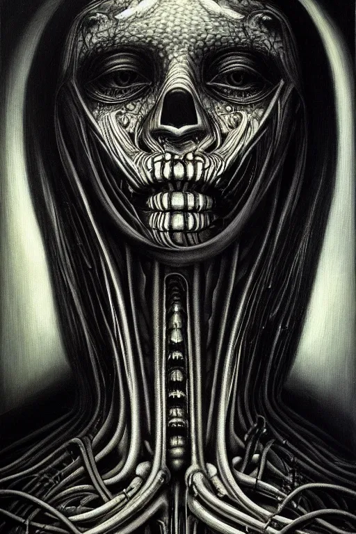 Image similar to a painting of a person's face with a black background, an ultrafine detailed painting by h. r. giger, trending on deviantart, metaphysical painting, lovecraftian, cosmic horror, detailed painting