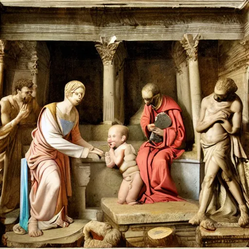 Image similar to the birth of jesus christ depicted inside the roman forum, julius caesar in the centre holding baby jesus