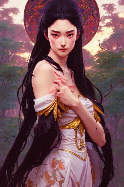 Image similar to rei hino as a princess, fantasy, intricate, elegant, highly detailed, digital painting, artstation, concept art, matte, sharp focus, illustration, art by artgerm and greg rutkowski and alphonse mucha