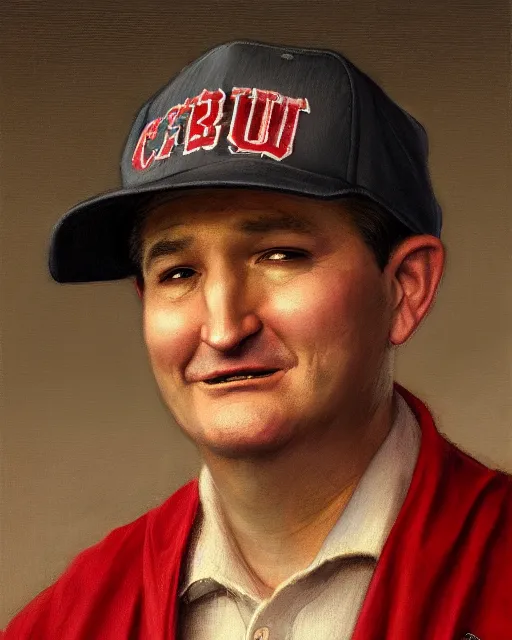 Image similar to closeup portrait of whimsical conniving ted cruz wearing a red baseball cap speaking at a convention, court jester in renaissance era, masterpiece, by donato giancola and greg rutkowski and wayne barlow and zdzisław beksinski, high contrast, realistic face