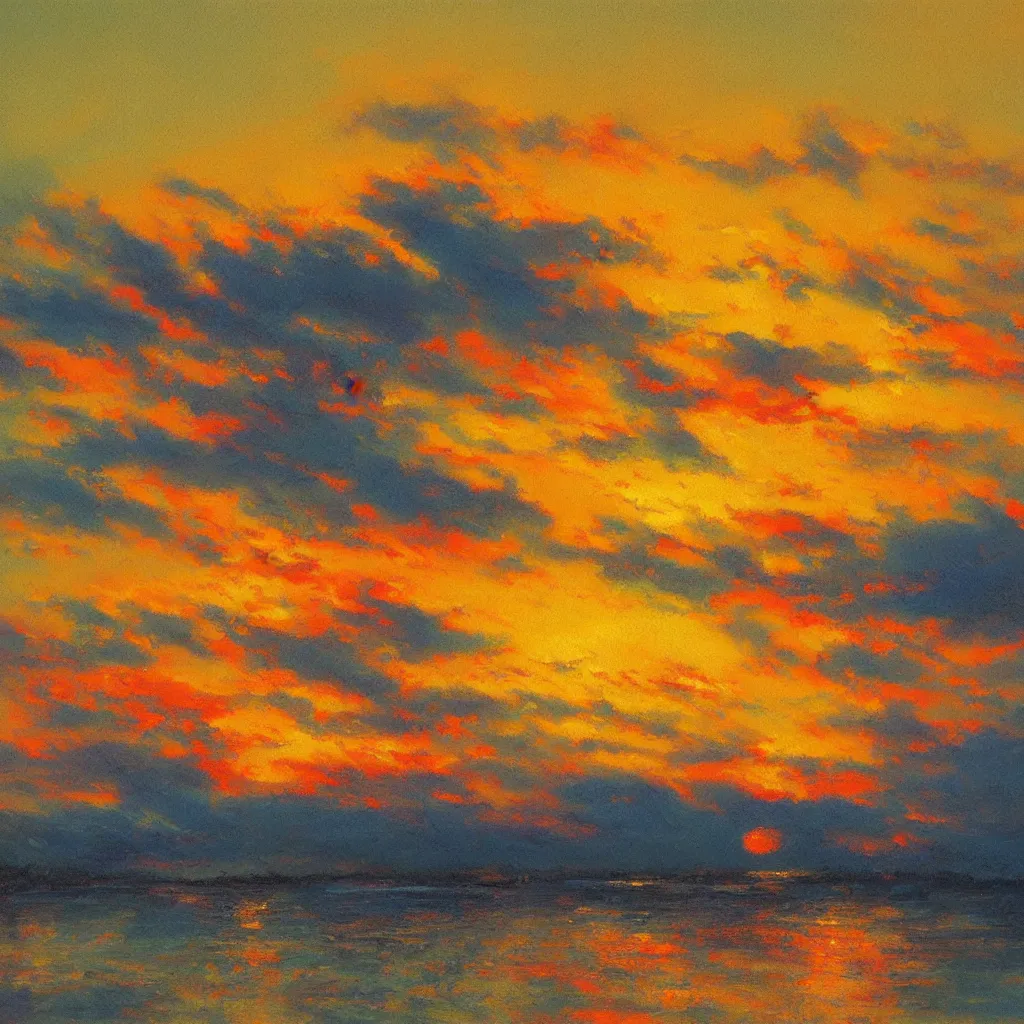 Prompt: an impasto oil painting of a stunning, colorful sunset painted by ken hong leung, pastel colors, complementary colors