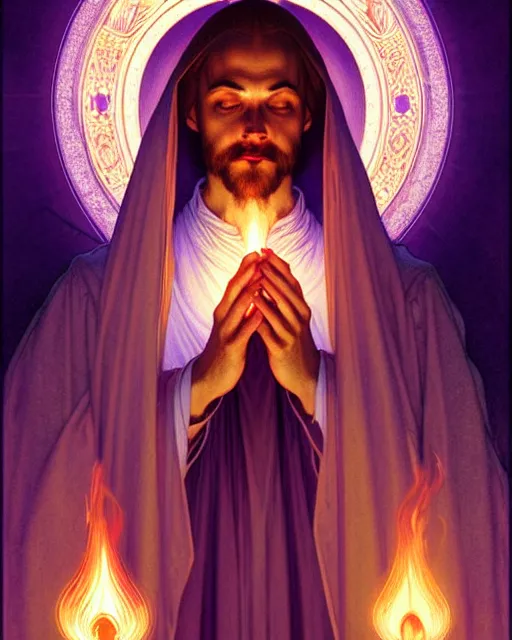 Image similar to symmetry portrait of saint germain holding a violet flame, intricate, elegant, highly detailed, digital painting, artstation, concept art, smooth, sharp focus, illustration, art by artgerm and greg rutkowski and fra angelico and alphons mucha