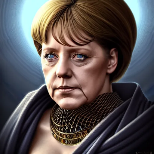 Image similar to Portrait of Angela Merkel with beard, D&D, blue eyes, face, !dark fantasy!, intricate, elegant, highly detailed, digital painting, artstation, concept art, smooth, sharp focus, illustration, art by artgerm and greg rutkowski and alphonse mucha