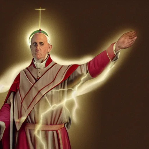 Prompt: pope projecting force lightning form his hands