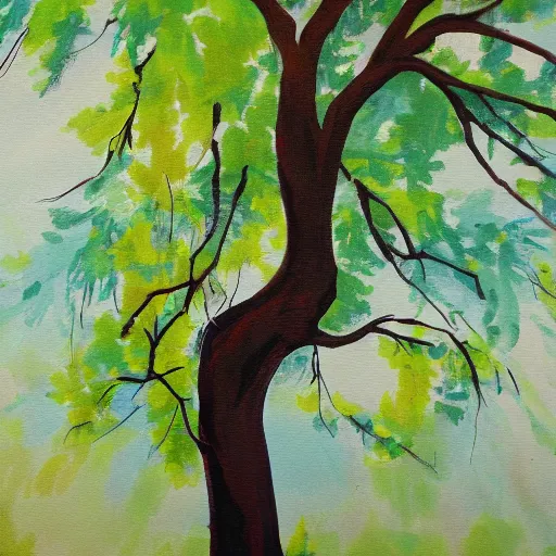 Prompt: Swing attached to tree painting