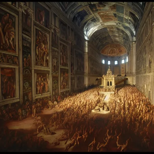 Image similar to the sistine chapel breaks in half as a portal from hell opens up, lucifer morningster emerges along with hordes of demons, the terrified priests and the pope look at the scene with terror in their eyes. highly detailed painting by gaston bussiere, greg rutkowski, craig mullins 8 k