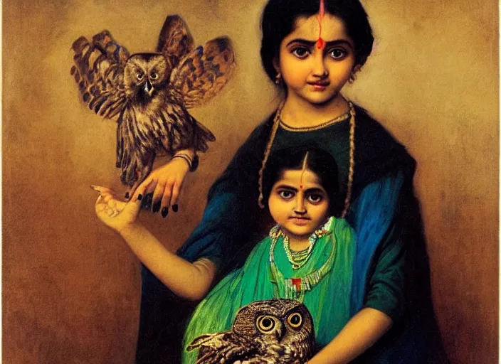 Prompt: little girl with short black hair holding an owl, masterpiece by raja ravi varma