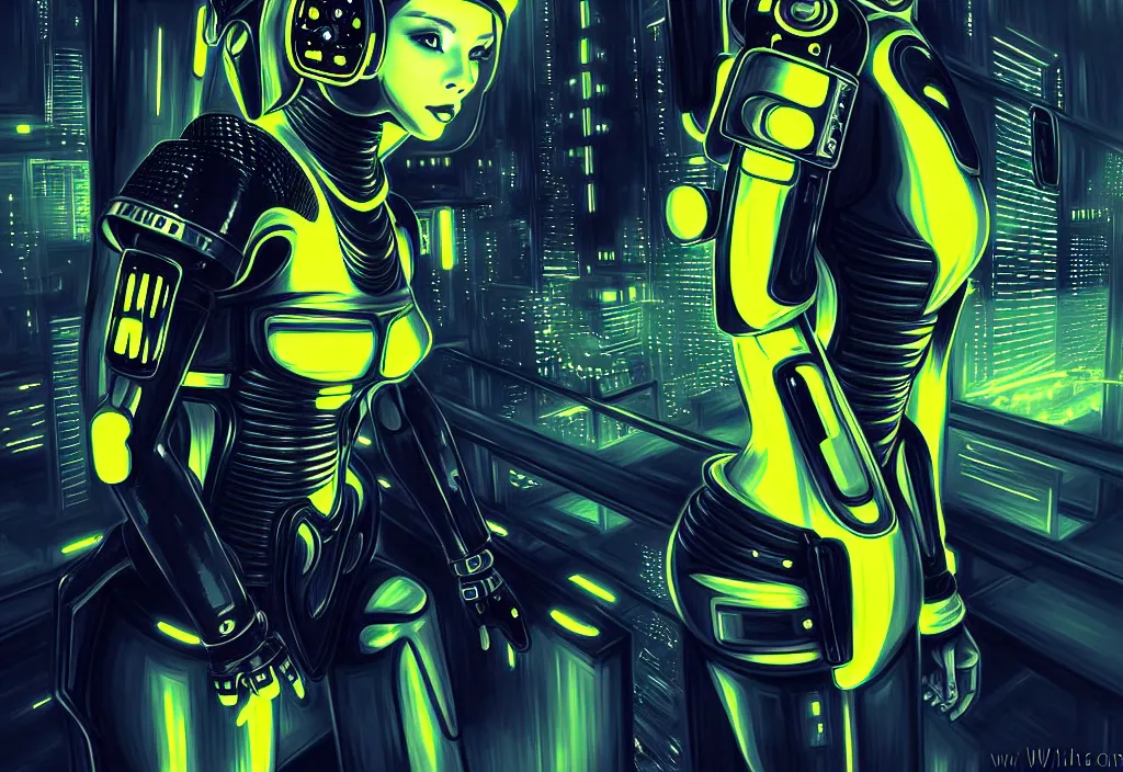 Image similar to futuristic armor ploice girl, metallic black and little yellow color wardrobe, at cyberpunk lights shibuya japan reflected night, ssci - fi, neon light and fantasy, intricate and beautiful, highly detailed, cyber concept art, digital painitng, smooth and sharp focus, illustration, art by tian zi and wlop and alphonse mucha