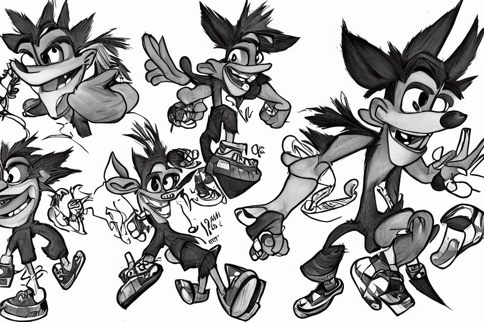 Prompt: concept sketches of crash bandicoot, micro detail