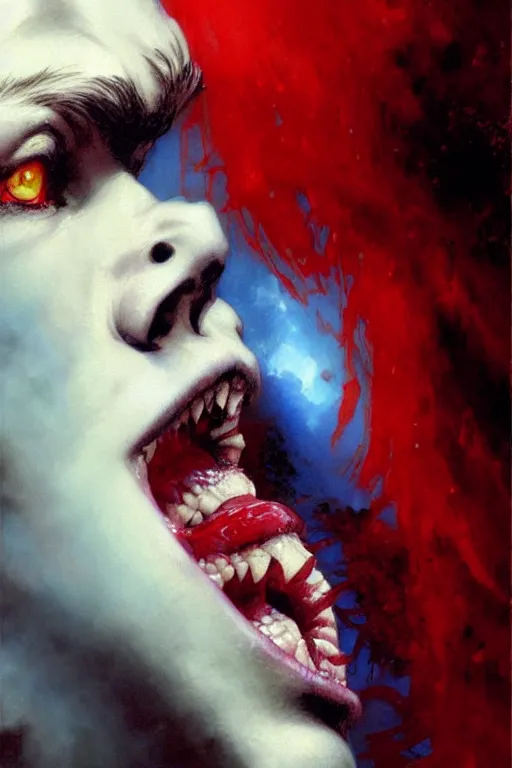 Prompt: beautiful vampire with red hair eating blue shin - godzilla, extreme close up detailed face portrait dnd, painting by gaston bussiere, craig mullins, greg rutkowski, yoji shinkawa