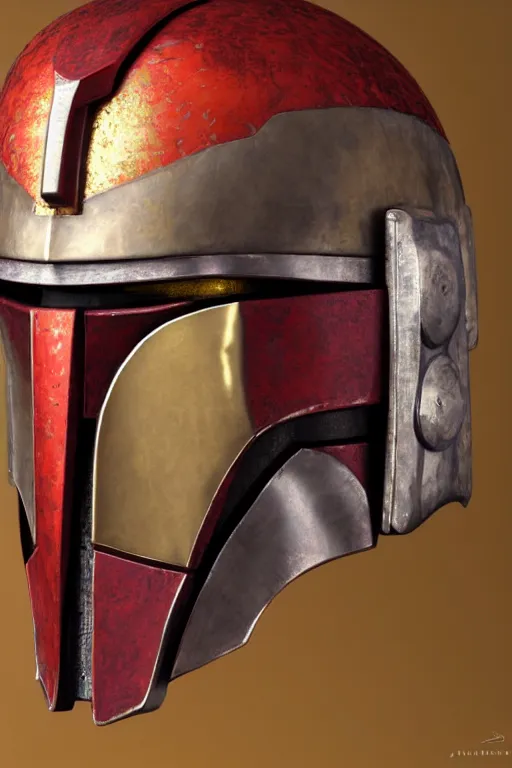 Prompt: an artistic and realistic 8k sculpture of a Mandalorian helmet, bright psychedelic color, dramatic lighting, silver gold red details, filigree, intricate details, cinematic, elegant, micro detail, octane render, filmic, interesting camera angle, nicely centered in frame, 8k post-processing, intricate art by John Collier and Alphonse Mucha and Greg Rutkowski