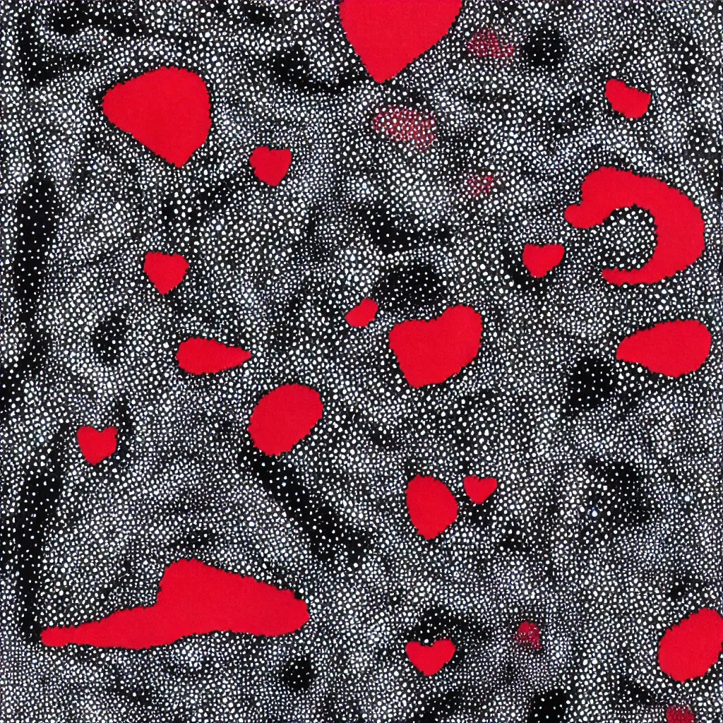 Image similar to camo made of teeth, smiling, abstract, rei kawakubo artwork, cryptic, dots, stipple, lines, splotch, color tearing, pitch bending, color splotches, hearts, dark, ominous, eerie, minimal, points, strawberries, technical, old painting