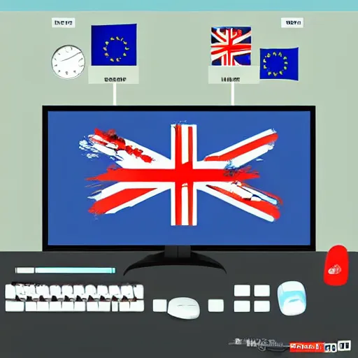 Prompt: european union eu hybrid influencer on blue shirt sitting on chair with eu flag on computer playing games on led keyboard and gaming mouse in style of American propaganda poster, eu flag, european union flag, dark and gloom, extremely detailed oil painting, open room, highly detailed, trending on artstation, concept art, sharp focus, illustration, art by artgerm and greg rutkowski and magali villeneuve