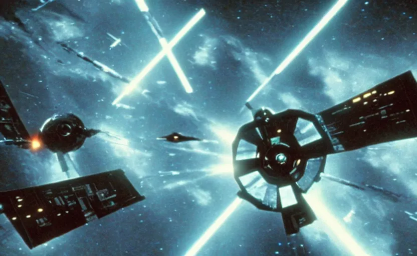 Image similar to iconic cinematic screen shot of scene x wing space battle against new tie fighter desing, from the action packed scene from the 1 9 7 0 s star wars sci fi film by stanley kubrick, glowing lasers, kodak film stock, anamorphic lenses 2 4 mm, lens flare, iconic cinematography, award winning