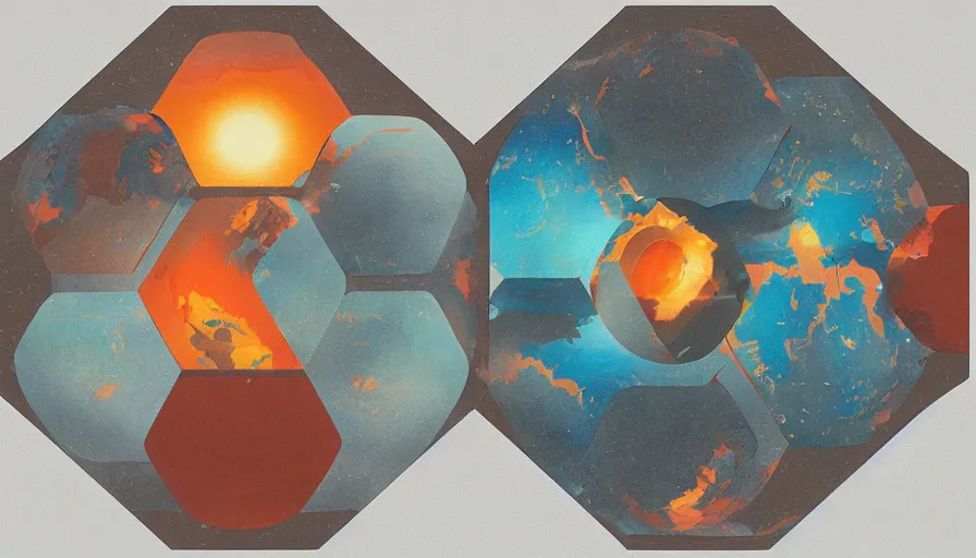 Image similar to hexagon between the sun and planet earth, trending on art station, art deco, retro futurism