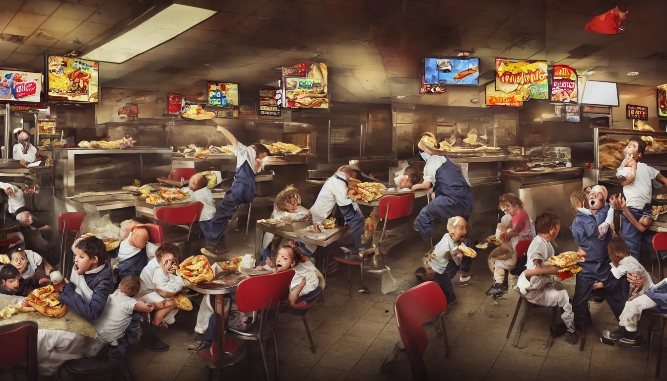 Image similar to in a dirty fast food restaurant disheveled children in rags obese men in suits and old people fighting over piles half eaten rotting fast food, money floats in the air, hyper realistic photo, full colour, upscale, 8 k, masterpiece,