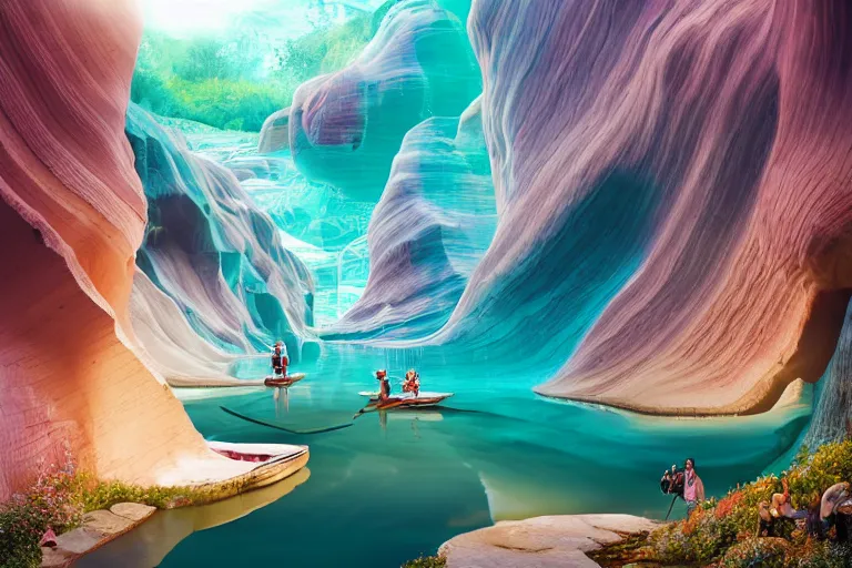 Image similar to floating markets of shinsekai japan along pamukkale waters flowing down gold travertine terraces in royal blue antelope canyon during sakura season on an interstellar aurora borealis, pink waterfalls, lush chic garden, by peter mohrbacher, james jean, james gilleard, greg rutkowski, vincent di fate, rule of thirds, octane render, beautiful landscape