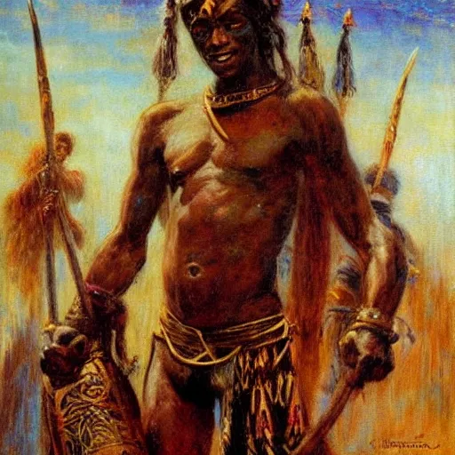 Prompt: Shaka Zulu painted by gaston bussiere
