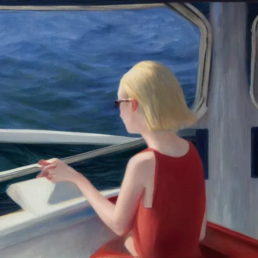 Prompt: Elle Fanning on a boat during a storm, by Edward Hopper, Extremely detailed. 8K. Award winning.