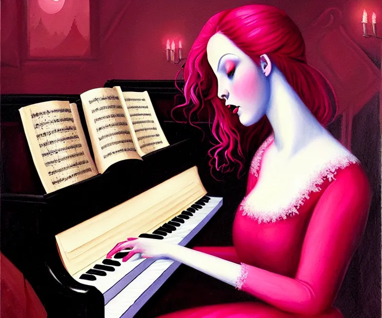 Image similar to a painting of a beautiful face gothic girl, pink hair in a stunning red dress playing a piano in the dark snowy forestby randolph stanley hewton, cg society contest winner, matte painting