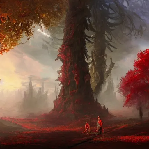 Prompt: red autumn forests with a single giant derelict copper warrior statue, fantasy concept art by tyler edlin, antoine blanchard, thomas cole