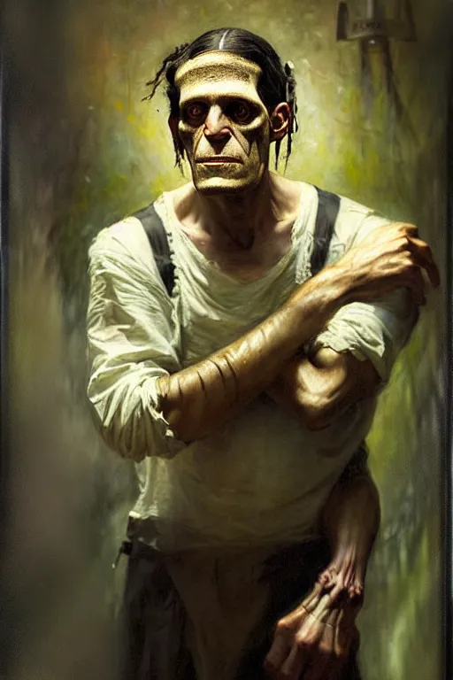 Image similar to photograph imax and solomon joseph solomon and richard schmid and jeremy lipking victorian loose genre loose painting full length portrait painting of frankenstein