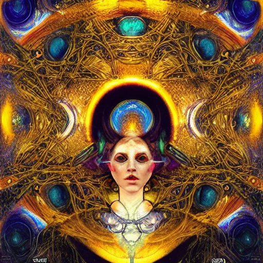 Image similar to Divine Chaos Engine by Karol Bak, Jean Deville, Gustav Klimt, and Vincent Van Gogh, beautiful visionary mystical portrait, sacred, otherworldly, fractal structures, Surreality, SpiralDee, ornate gilded medieval icon, third eye, spirals