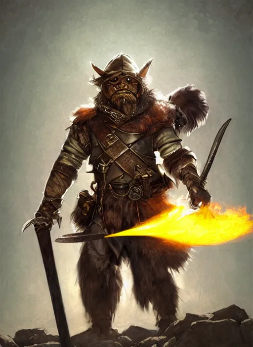 Image similar to photorealistic bugbear ranger holding sword on fire, magic, black beard, dungeons and dragons, pathfinder, roleplaying game art, hunters gear, jeweled ornate leather and steel armour, concept art, character design on white background, by sargent, norman rockwell, makoto shinkai, kim jung giu, artstation trending, poster art, colours red