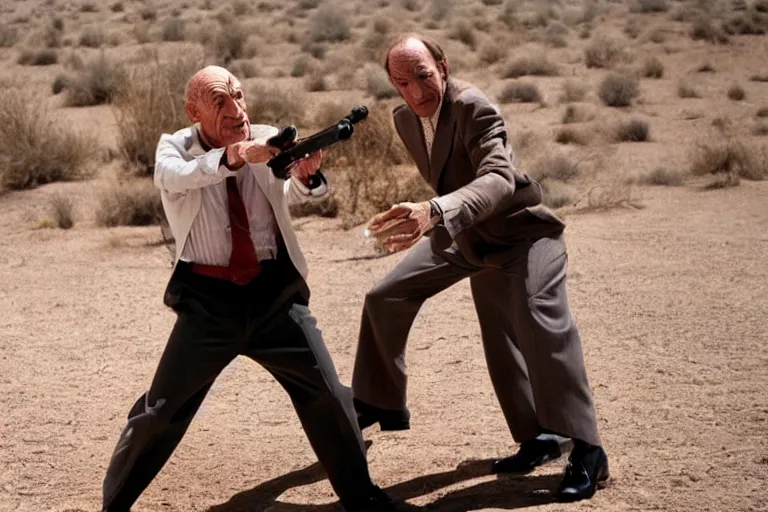 Image similar to extremely muscular Hector Salamanca shooting Saul Goodman, movie still, photorealistic, clean composition, real shot