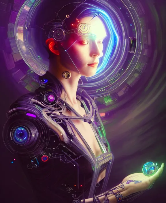 Image similar to a whirlwind of souls rushing inside the metaverse, hologram, half body, neurochip, shaved temple, piercing, jewelry, android, cyborg, cyberpunk face, by loish, d & d, fantasy, intricate, elegant, highly detailed, colorful, digital painting, artstation, concept art, art by artgerm and greg rutkowski and alphonse mucha