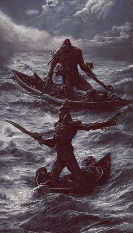 Image similar to man on boat crossing a body of water in hell with creatures in the water, sea of souls, by gerald brom,