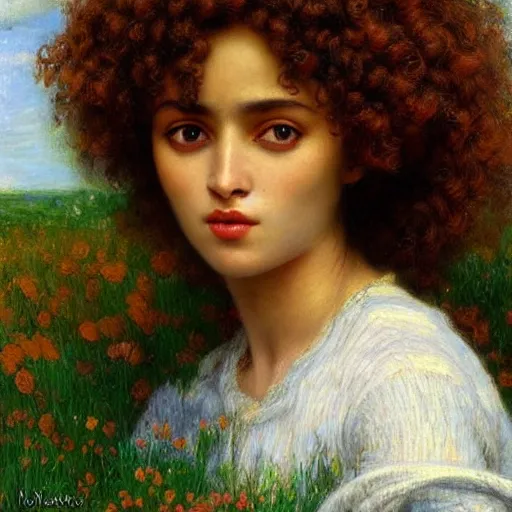 Image similar to somali woman with curly hair, fedosenko roman, j. w. godward, jose miguel roman frances, intricate details, solid color backdrop, countryside, dreamy, impressionist, figurative