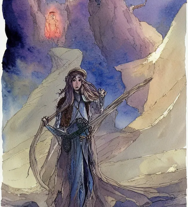 Image similar to a 3 / 4 view watercolor ink painting of an elf cleric / wizard wandering a ringworld bringing miracles in the style of jean giraud in the style of moebius trending on artstation deviantart pinterest detailed realistic hd 8 k high resolution