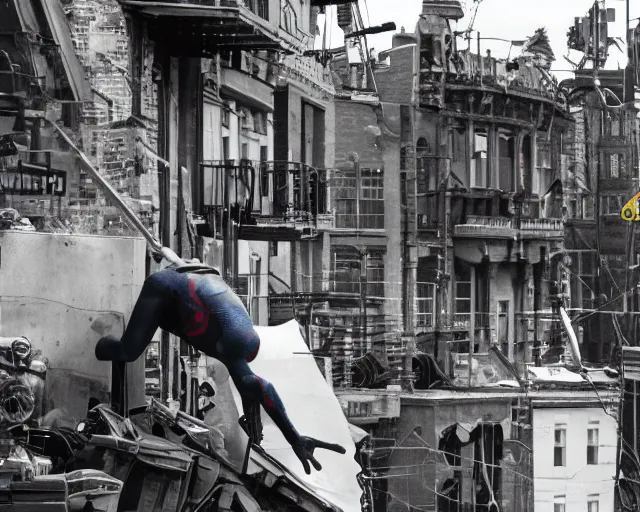 Image similar to photograph of spider - man on a building movie set