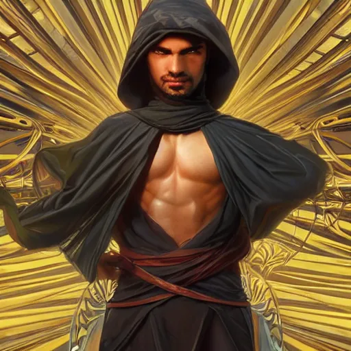 Prompt: character concept, wide angle, full body, symmetrical head - on centralized, young arabic man with dark ninja clothes. detailed, high quality, dynamic lightning, fantasy, scenematic. artwork by artgerm, wlop, alex ross, greg rutknowski, alphonse mucha