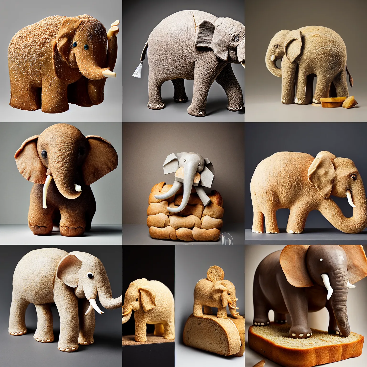 Prompt: an edible elephant!!! sculpture! made entirely out of ( ( bread ) ), food photography, studio lighting, delicious
