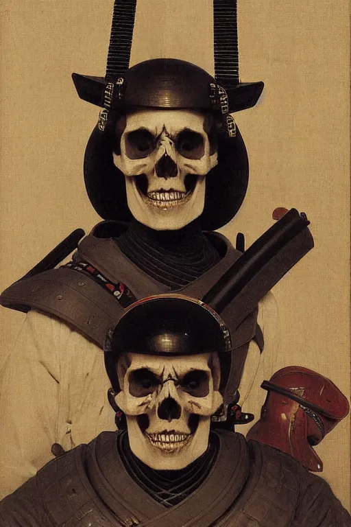 Image similar to portrait of a skull man japanse samurai astronaut with samurai helmets, by bouguereau