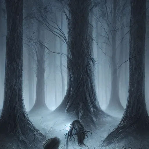 Image similar to a dark ominous forest, dead trees, moonlit, a ethereal ghost approaching, spooky digital artwork by Artgerm, trending on artstation