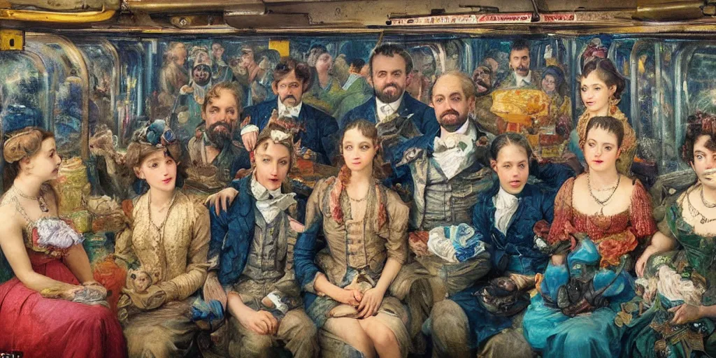 Image similar to detailed colour masterpiece of photography group portrait of people sat down extreme closeup, in the inside of the beautiful underwater crowded train to atlantis, detailed realistic expressions, wearing unusual clothes, by william powell frith