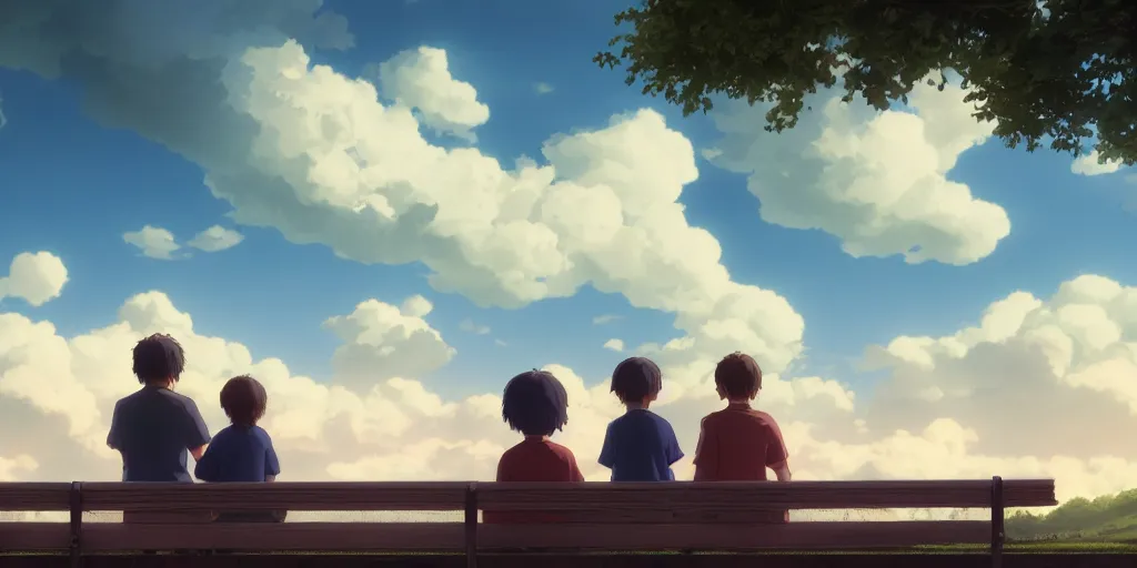 Image similar to animation key shot, a family with sorrow faces sitting on a bench, dramatic sky, close up shot, studio Ghibli, Pixar and Disney animation, sharp, Rendered Unreal Engine 5, film key art, Greg Rutkowski, Bloom, dramatic lighting