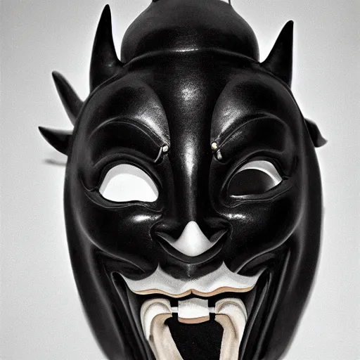 Image similar to Japanese demon mask designed by Rick Owens, 35mm film, photograph