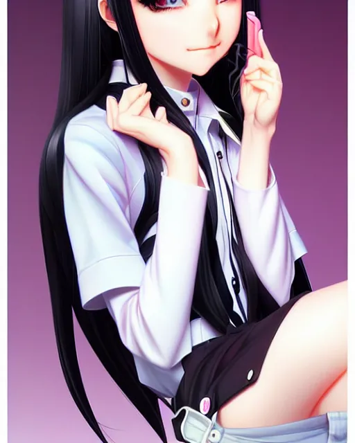 Image similar to depicting a wealthy young mischievous female stoner prep school student with medium length silky straight iridescent black hair and pale skin, illustrated by Artgerm and Range Murata.