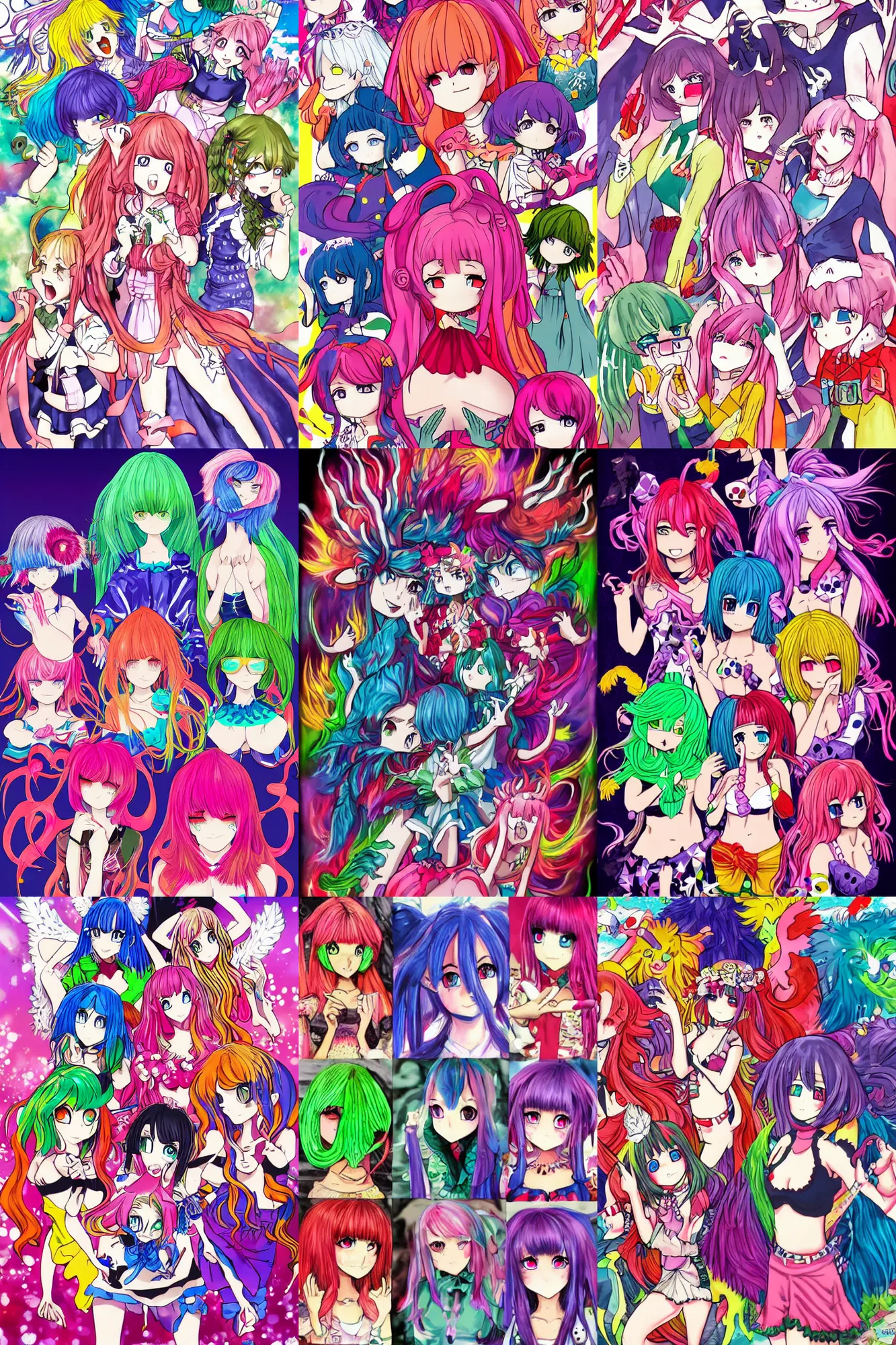 Prompt: colorful manga monster girls