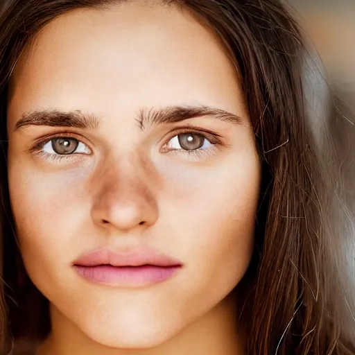 Image similar to a candid portrait of a brunette female, young, athletic, australian, pixellated face, wearing a gold tshirt in a kitchen, closeup