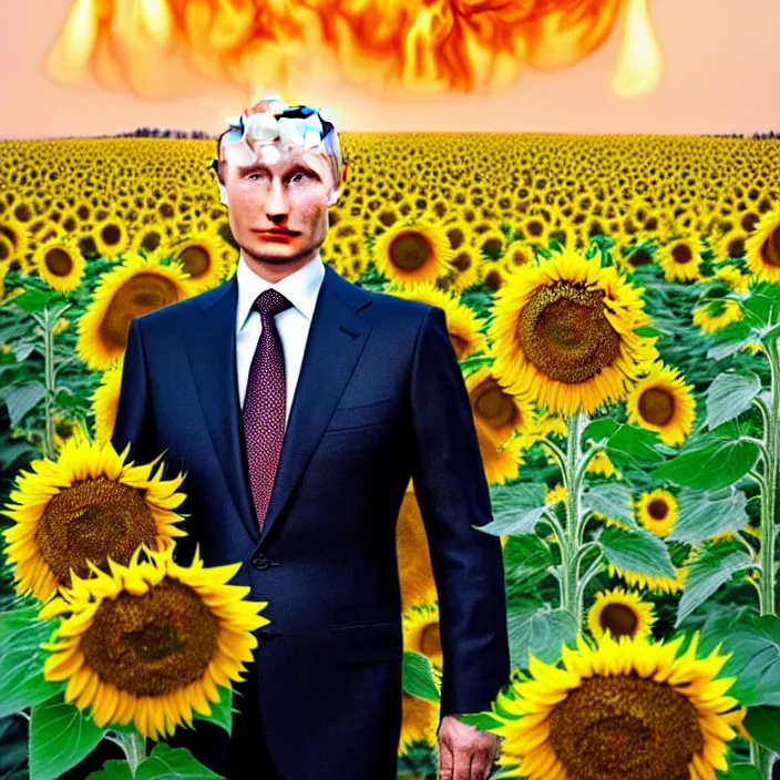 Prompt: photo portrait of Vladimir Putin in sunflower field, dressed in shirt with ornamental ethereal sunflower pattern, natural skin tone, explosion and fire in the background, elegant, Realistic, Refined, Highly Detailed, natural soft pastel lighting colors scheme, fine art photography by Cecil Beaton, volumetric lighting, hyper realistic photography