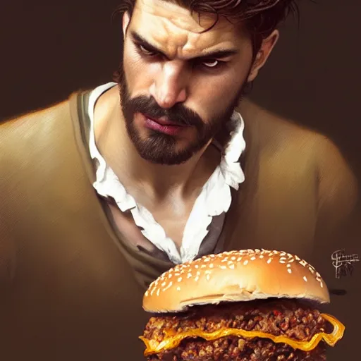 Prompt: portrait of a young rugged hamburger, extra onions and ketchup, luscious patty with sesame seeds, masculine, handsome, D&D, fantasy, intricate, elegant, highly detailed, digital painting, artstation, concept art, matte, sharp focus, illustration, art by Artgerm and Greg Rutkowski and Alphonse Mucha