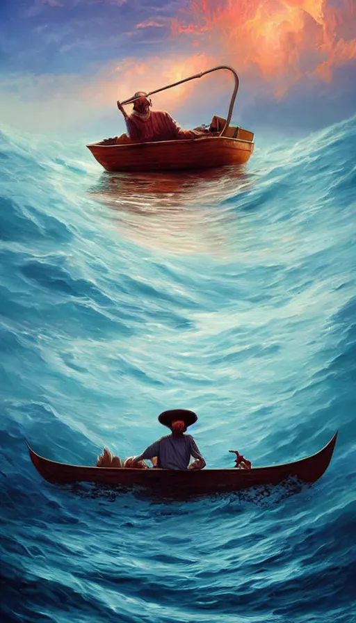 Prompt: man on boat crossing a body of water in hell with creatures in the water, sea of souls, by rhads