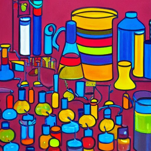 Image similar to detailed painting of an alchemist lab, large tubes, colorful liquid